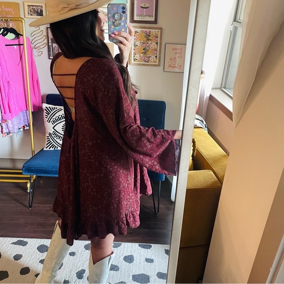 Free People Floral Long Sleeve Open Back Tunic Mini Dress - Picture 8 of 9